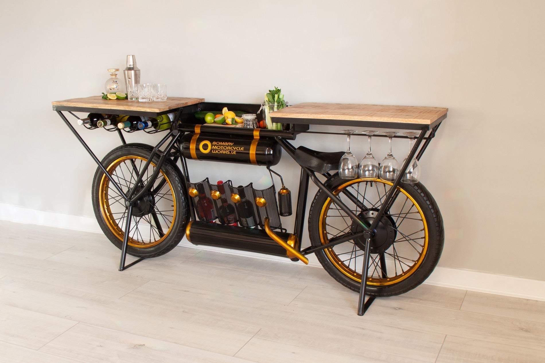 Black and Gold  Metal Mango Wood Bike Bar Counter-5