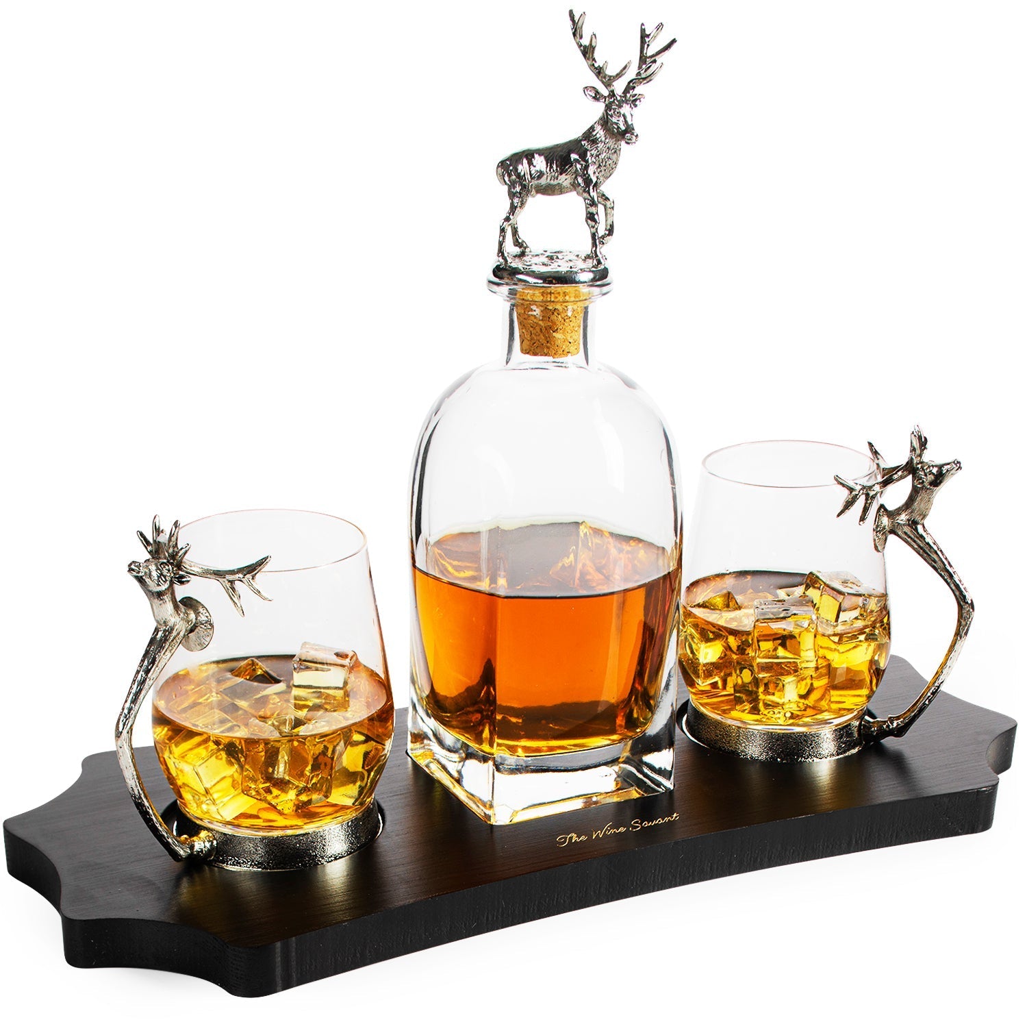 Stag Antler Decanter Set with 2 Stag Glasses - Antique Pewter Whiskey Decanter Set Elegant Liquor Decanter Gift Set for Bar by The Wine Savant - Luxury Decanter for Bourbon, Scotch, or Whiskey 750ml-4