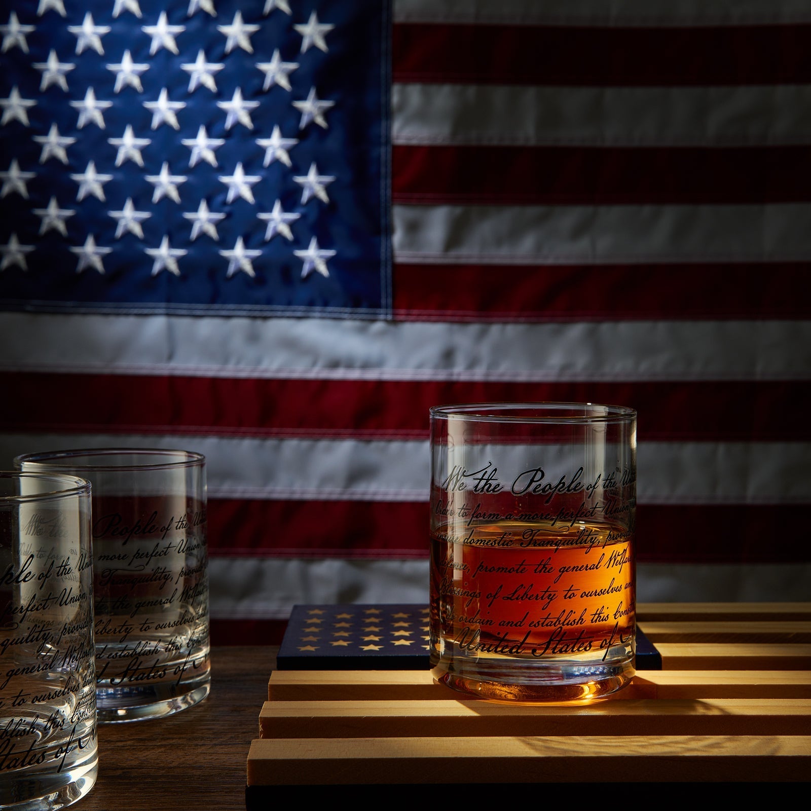 Whiskey Glasses – United States Constitution - Wood American Flag Tray & Set of 4 We The People 10oz America Glassware, Old Fashioned Rocks Glass, Freedom Of Speech Law Gift Set US Patriotic-1