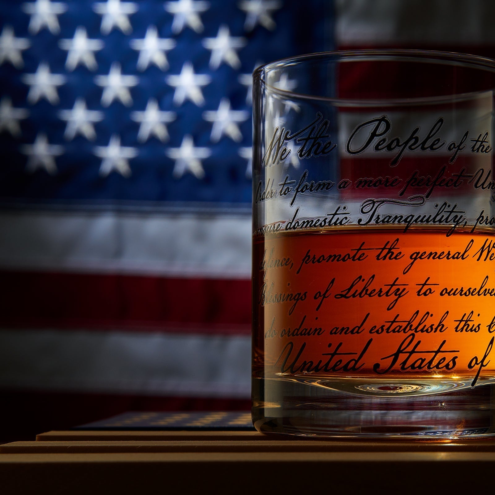 Whiskey Glasses – United States Constitution - Wood American Flag Tray & Set of 4 We The People 10oz America Glassware, Old Fashioned Rocks Glass, Freedom Of Speech Law Gift Set US Patriotic-2