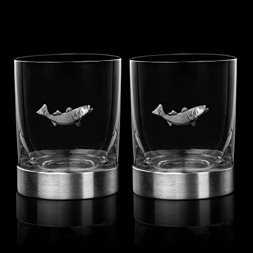 Fish Whiskey, Wine & Water Glasses Set of 2, Double Tumbler Trout Fishing Set - Fisherman Gifts, Old Fashioned Whiskey, Rum, Brandy, Scotch Glasses, Fathers Day 11 OZ, Gifts for Men, Dad-0