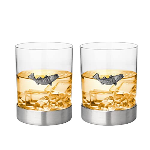 Fish Whiskey, Wine & Water Glasses Set of 2, Double Tumbler Trout Fishing Set - Fisherman Gifts, Old Fashioned Whiskey, Rum, Brandy, Scotch Glasses, Fathers Day 11 OZ, Gifts for Men, Dad-4