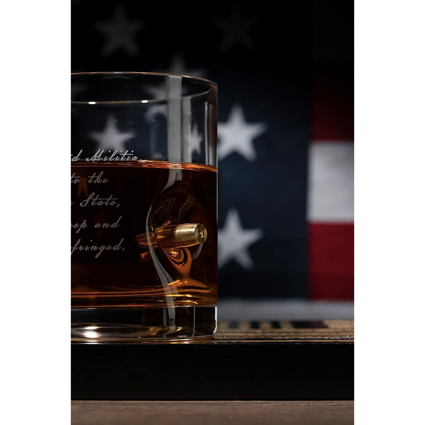 2nd Amendment American Flag Bullet Glasses .308 Real Solid Copper Projectile, Set of 4 Hand Blown Old Fashioned Whiskey Rocks Glasses, Wood Flag Tray with Patriots Gun Rights Law & Military Gift Set-2
