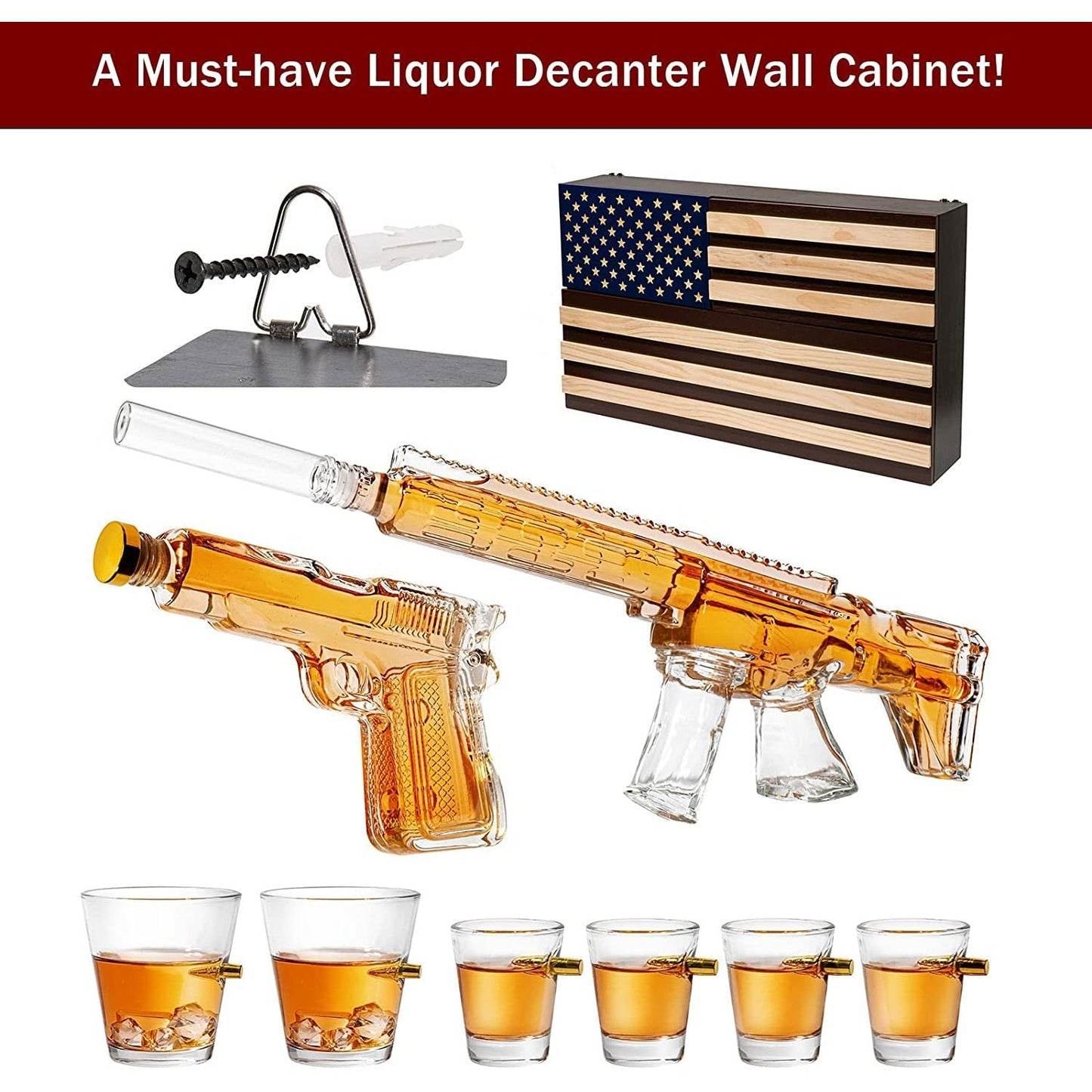 Pistol & AR15 Whiskey Decanter Set of 2 on Hidden Storage American Flag Wall Rack by The Wine Savant with 4 Bullet Shot Glasses & 2 Bullet Whiskey Glasses - Veteran Gifts, Military Gift, Home Bar Gift-1