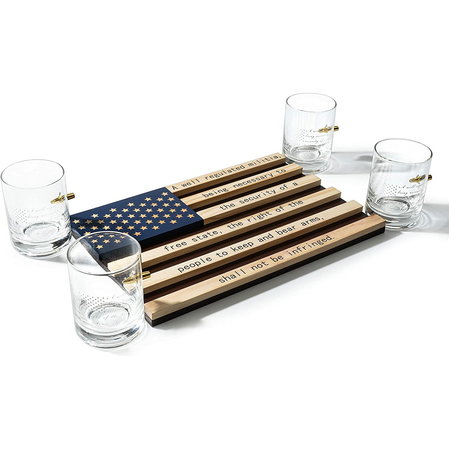2nd Amendment American Flag Bullet Glasses .308 Real Solid Copper Projectile, Set of 4 Hand Blown Old Fashioned Whiskey Rocks Glasses, Wood Flag Tray with Patriots Gun Rights Law & Military Gift Set-5