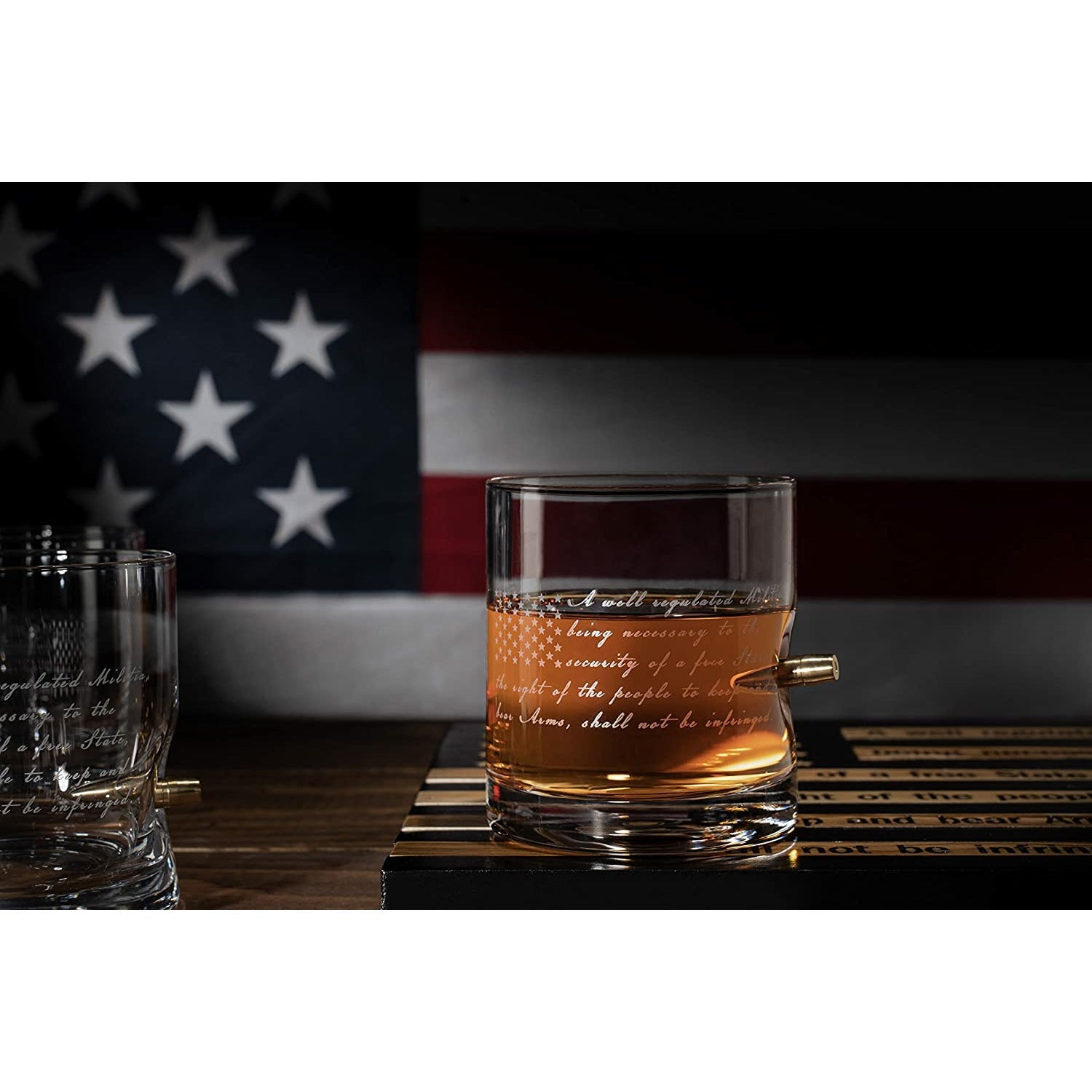 2nd Amendment American Flag Bullet Glasses .308 Real Solid Copper Projectile, Set of 4 Hand Blown Old Fashioned Whiskey Rocks Glasses, Wood Flag Tray with Patriots Gun Rights Law & Military Gift Set-1