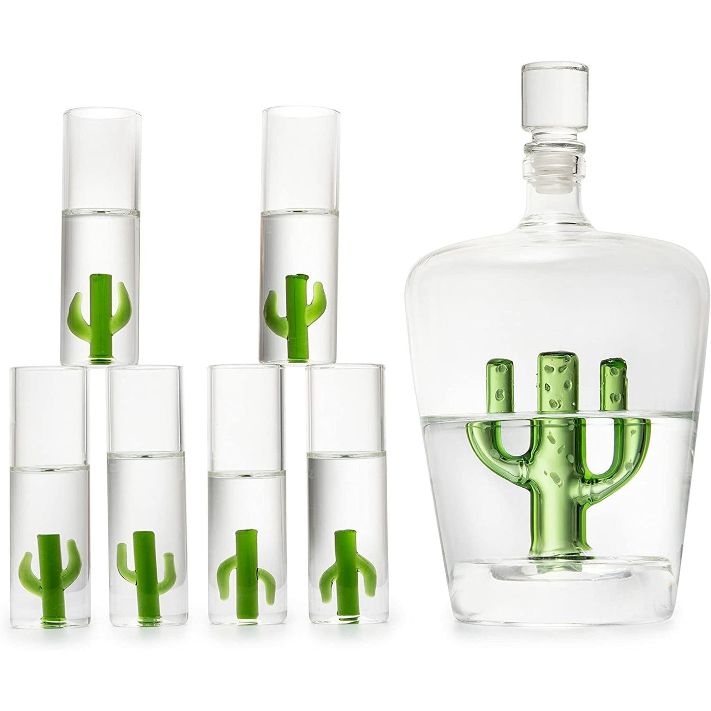 Tequila Decanter Set With Agave Decanter and 6 Agave Shot Glasses, Perfect For Any Bar Or Tequila Party, 25 Ounce Bottle, 3 Ounce Tequila Shot Glasses (Cactus Tequila Set)-0