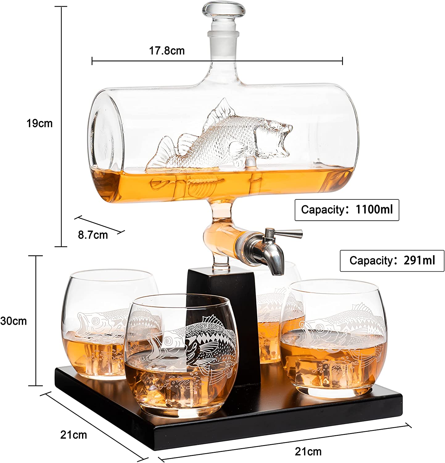 Bass Fish Wine & Whiskey Decanter Set 1100ml by The Wine Savant with 4 Bass Whiskey Glasses, Fishing Gifts, Fisherman Gifts, Boating Gifts, Drink Dispenser Scotch, Bourbon,Gifts for Dad-3