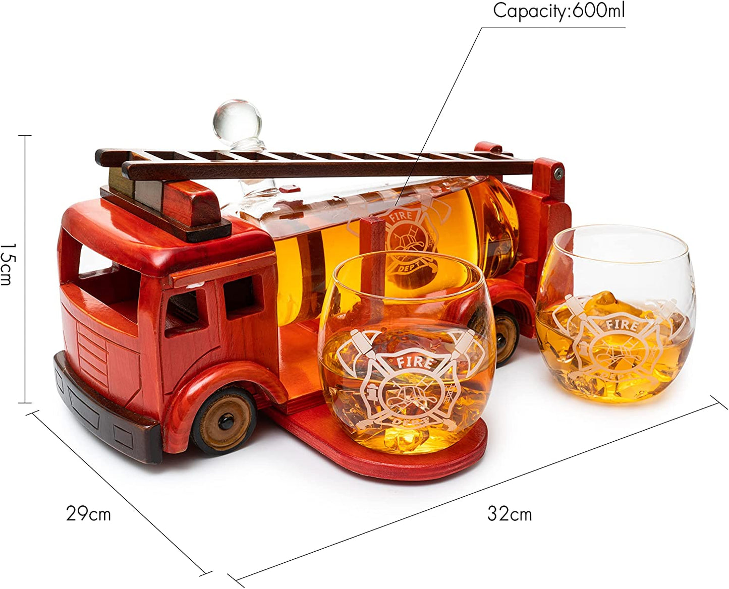 Firetruck Whiskey Decanter with Two 12 oz Glasses Gift Firefighter Gifts, Fireman, Firetruck Figurine, Police Gifts, Fire Department Gifts, Gifts for Firefighters! 600ml 13" L 6" H Gifts for Dad-5
