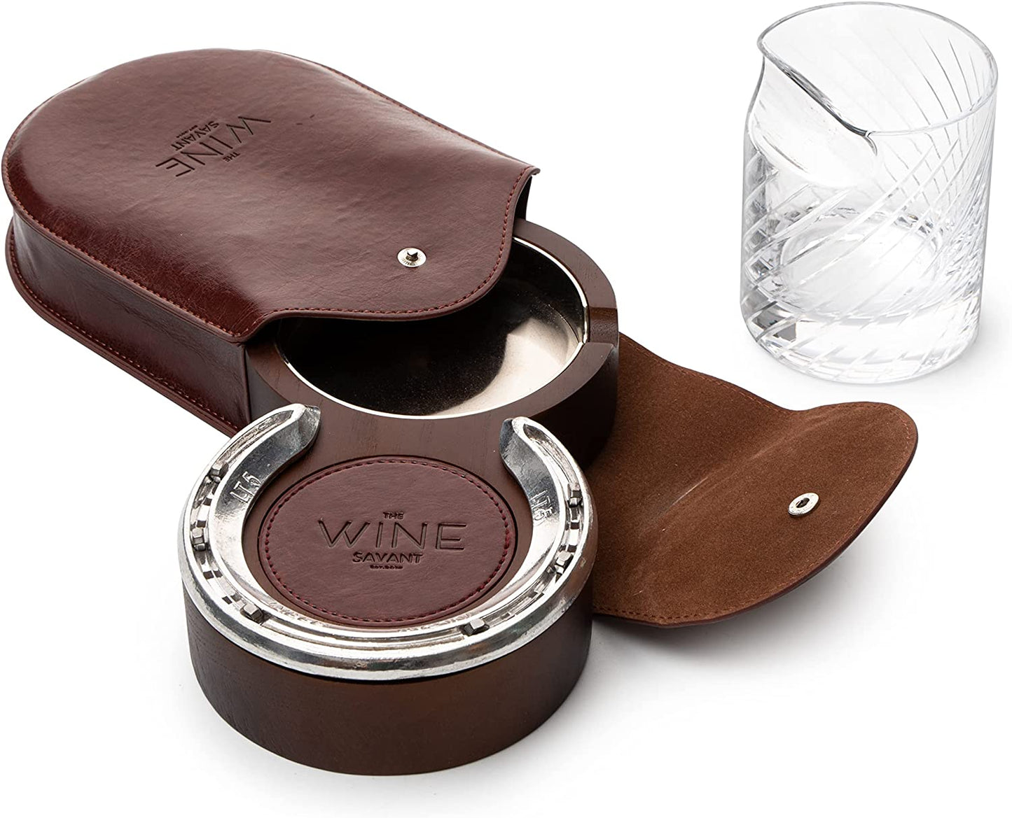 The Wine Savant Luxurious Cigar Glass - In A Leather Horseshoe Storage Case Whiskey Glassware with Cigar Holder - 10oz Cigar Holder Whiskey, Ash Tray - Dad, Men Home Office, Leather Gifts-4