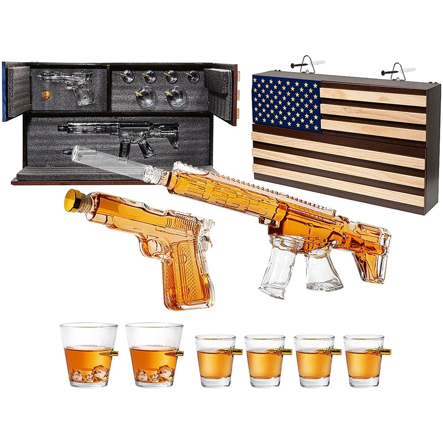 Pistol & AR15 Whiskey Decanter Set of 2 on Hidden Storage American Flag Wall Rack by The Wine Savant with 4 Bullet Shot Glasses & 2 Bullet Whiskey Glasses - Veteran Gifts, Military Gift, Home Bar Gift-0