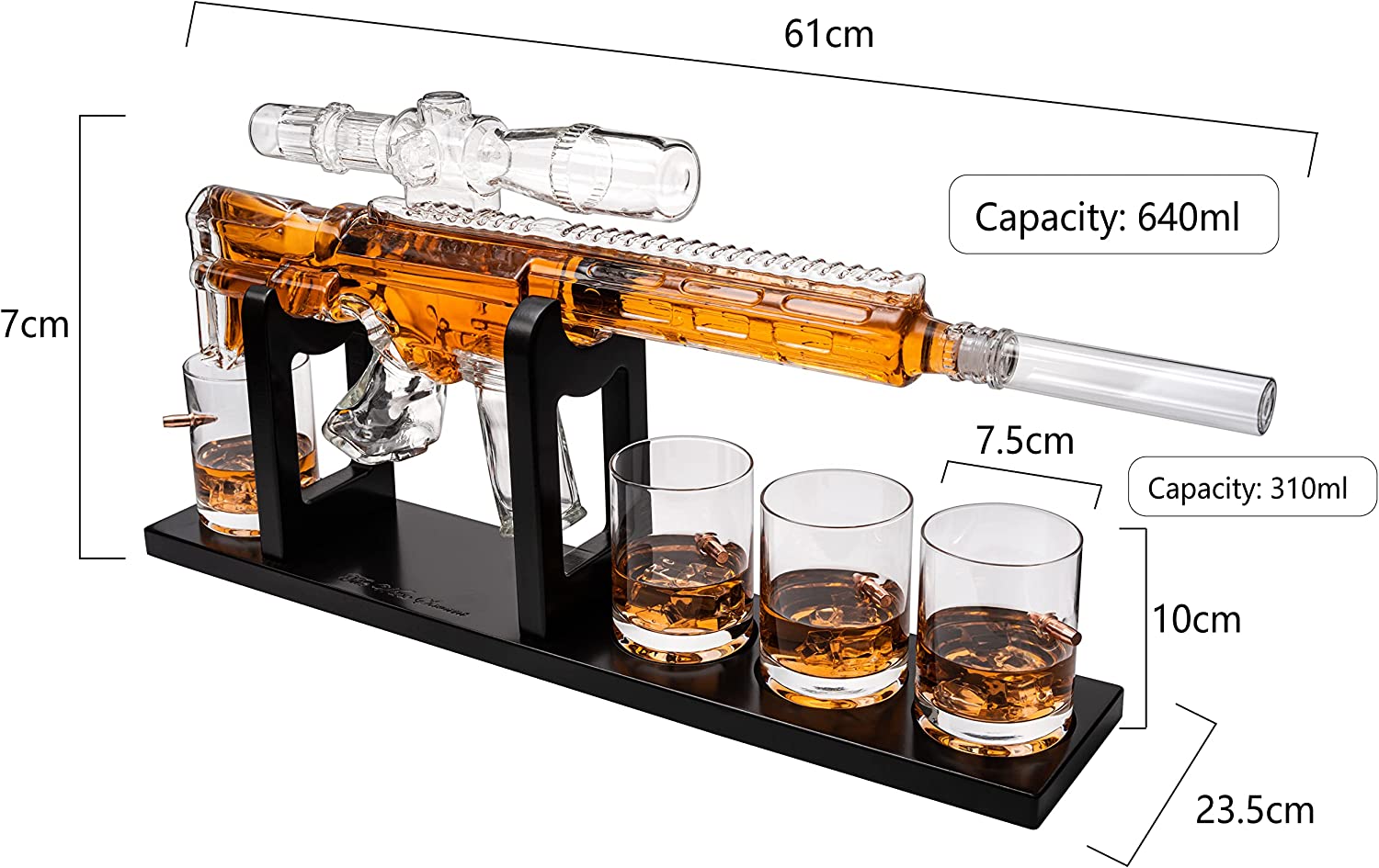 AR15 Whiskey Decanter Set - Limited Edition with Silencer Stopper - 640ml & 4 310 mL Bullet Glasses - Unique Gift - Drinking Party Accessory, Handmade Sniper Gun Liquor Decanter, Tik Tok Gun Decanter-6