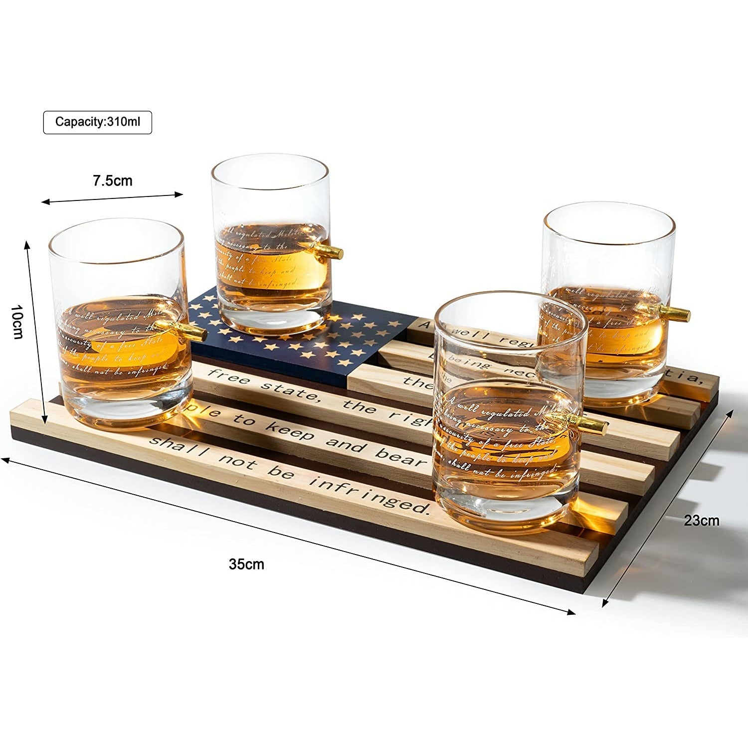 2nd Amendment American Flag Bullet Glasses .308 Real Solid Copper Projectile, Set of 4 Hand Blown Old Fashioned Whiskey Rocks Glasses, Wood Flag Tray with Patriots Gun Rights Law & Military Gift Set-6