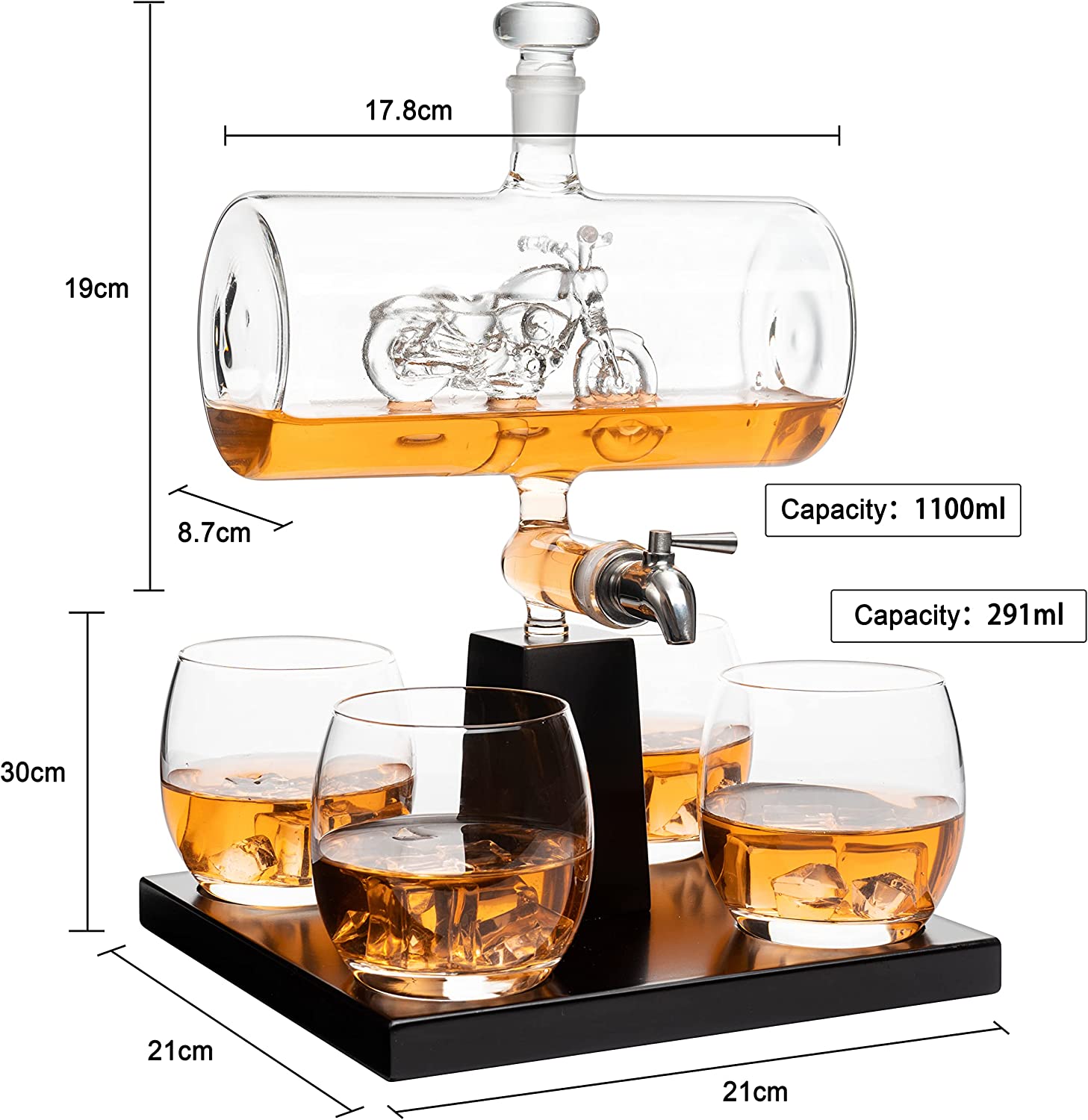 Motorcycle Decanter Whiskey & Wine Decanter Set 1100ml by The Wine Savant with 4 Whiskey Glasses, Motorcycle Gifts, Harley Davidson Motorbike Gifts, Drink Dispenser for Wine, Scotch, Bourbon 19