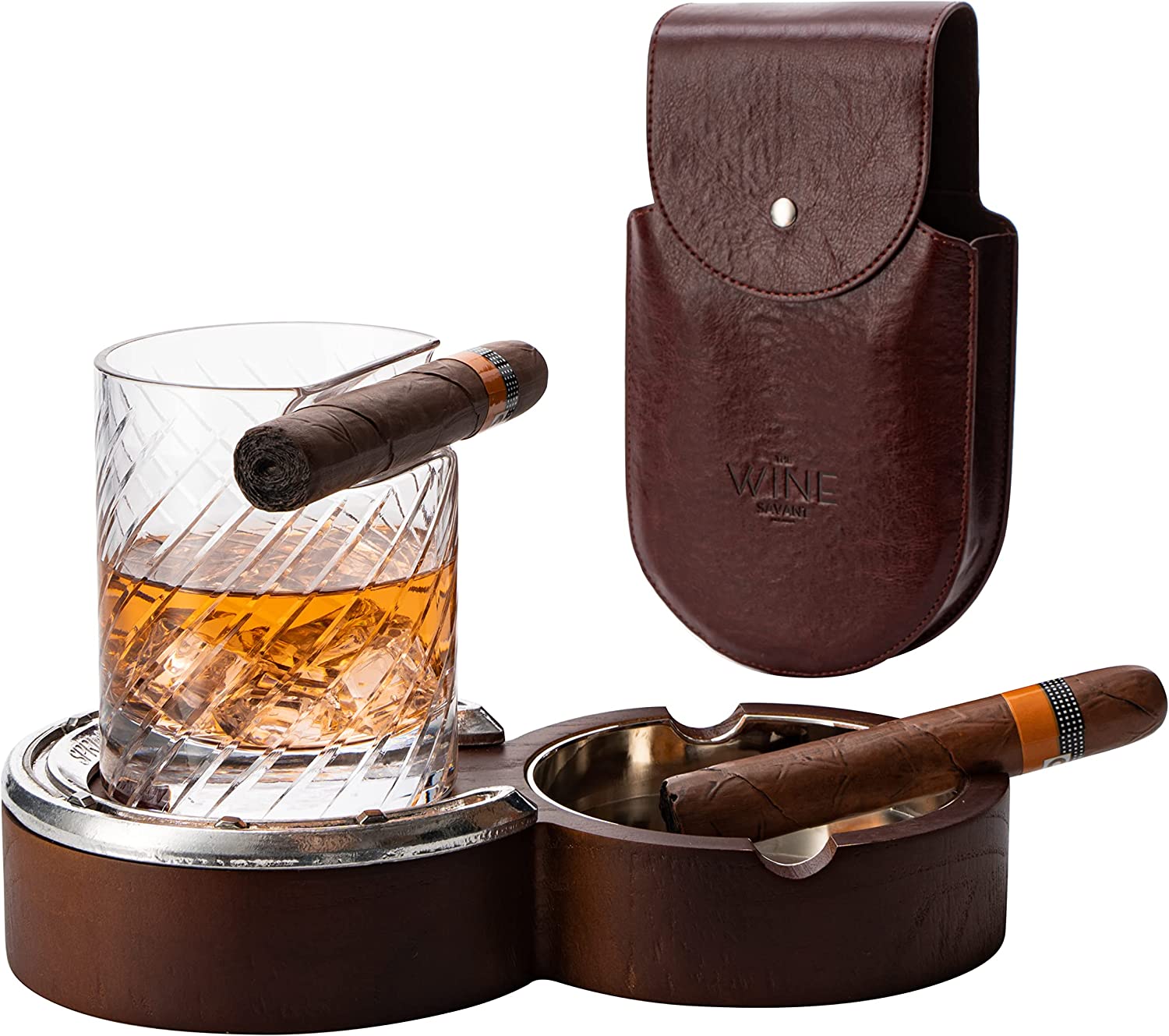 The Wine Savant Luxurious Cigar Glass - In A Leather Horseshoe Storage Case Whiskey Glassware with Cigar Holder - 10oz Cigar Holder Whiskey, Ash Tray - Dad, Men Home Office, Leather Gifts-5