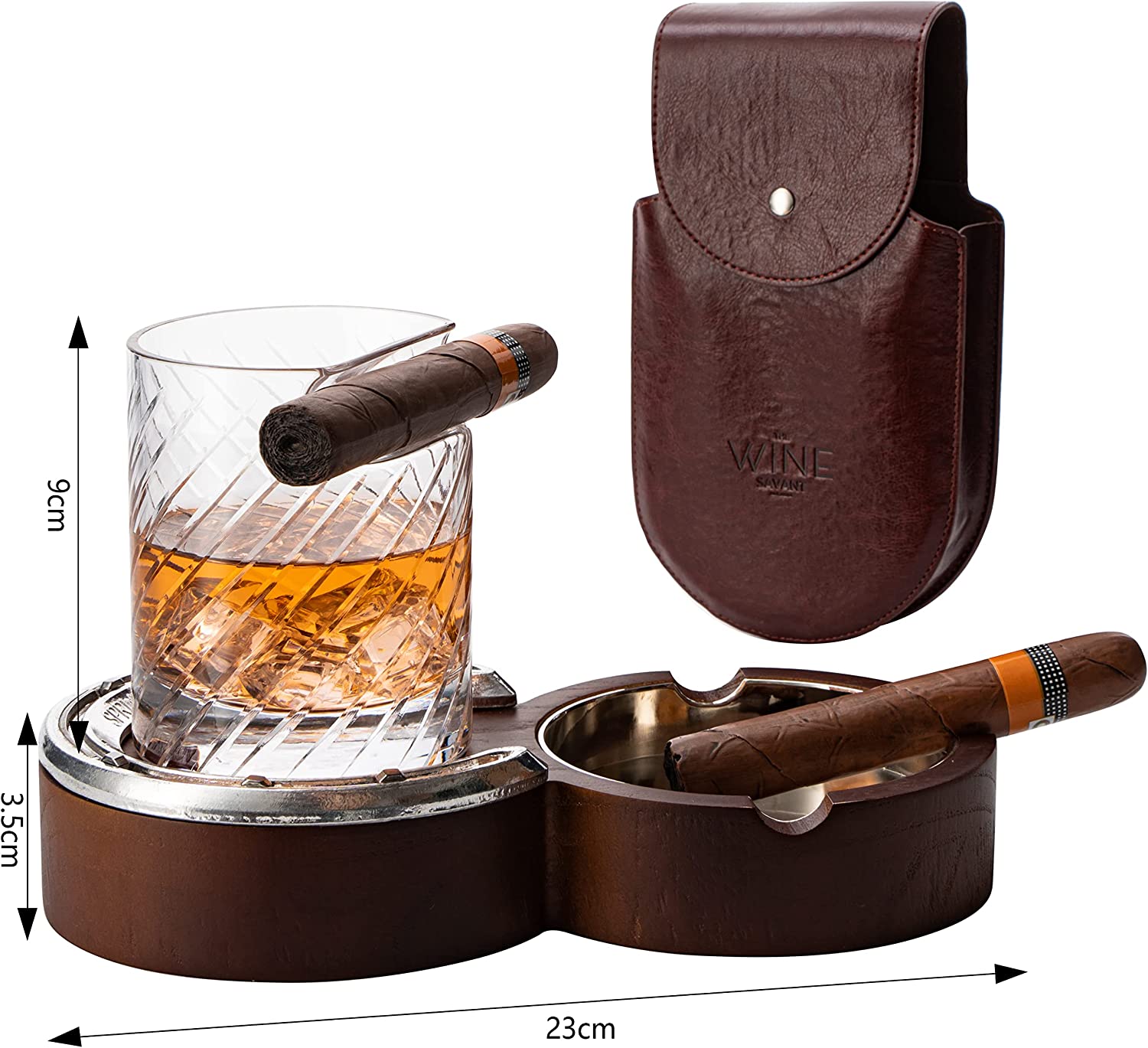 The Wine Savant Luxurious Cigar Glass - In A Leather Horseshoe Storage Case Whiskey Glassware with Cigar Holder - 10oz Cigar Holder Whiskey, Ash Tray - Dad, Men Home Office, Leather Gifts-6