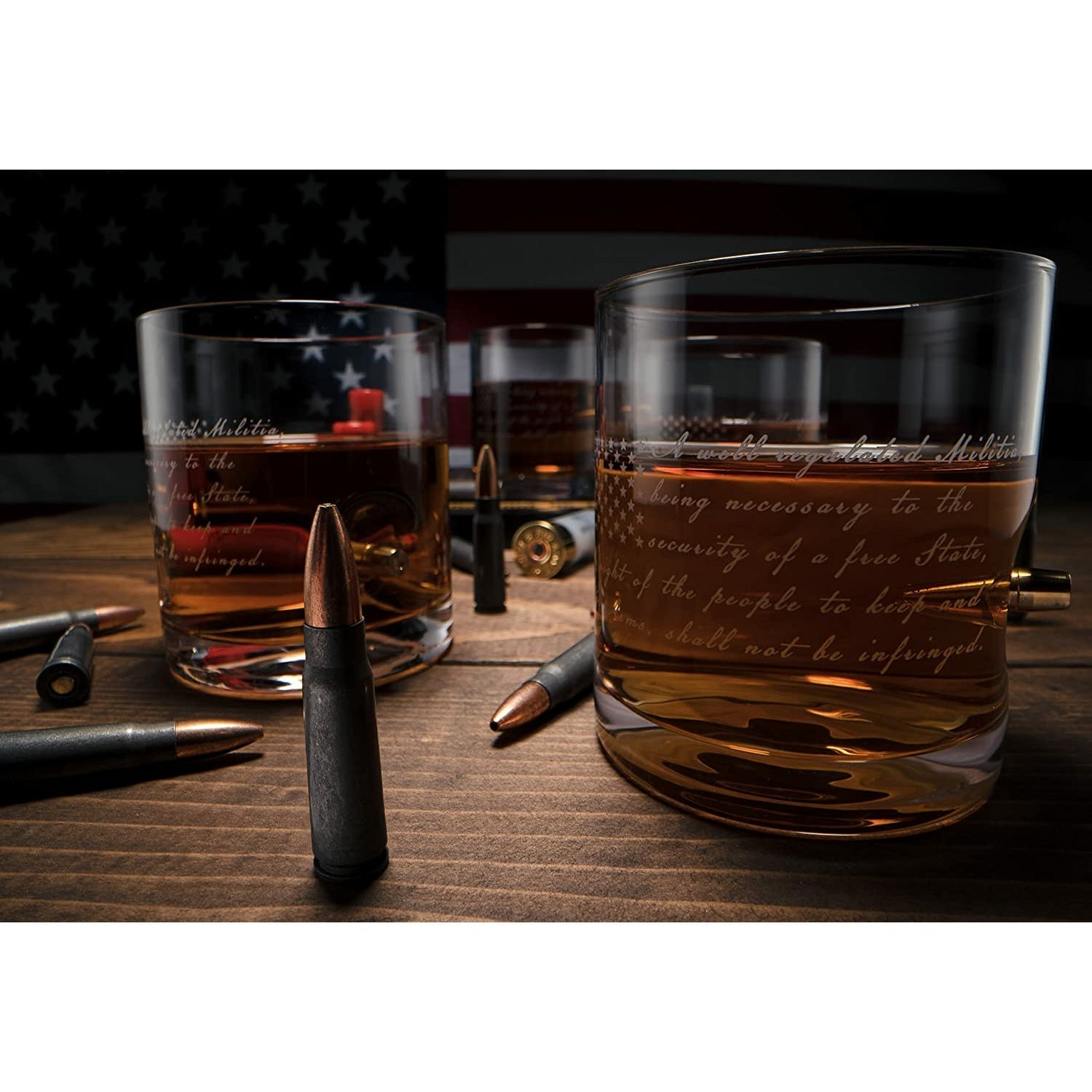 2nd Amendment American Flag Bullet Glasses .308 Real Solid Copper Projectile, Set of 4 Hand Blown Old Fashioned Whiskey Rocks Glasses, Wood Flag Tray with Patriots Gun Rights Law & Military Gift Set-3