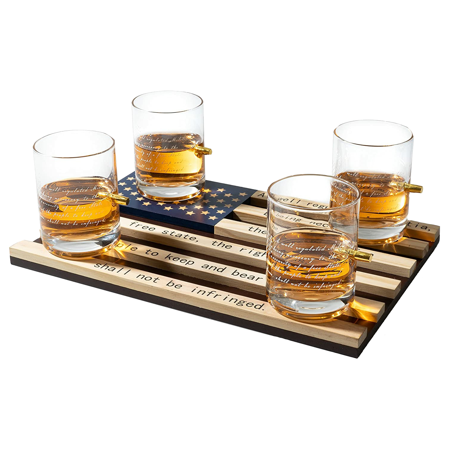 2nd Amendment American Flag Bullet Glasses .308 Real Solid Copper Projectile, Set of 4 Hand Blown Old Fashioned Whiskey Rocks Glasses, Wood Flag Tray with Patriots Gun Rights Law & Military Gift Set-0