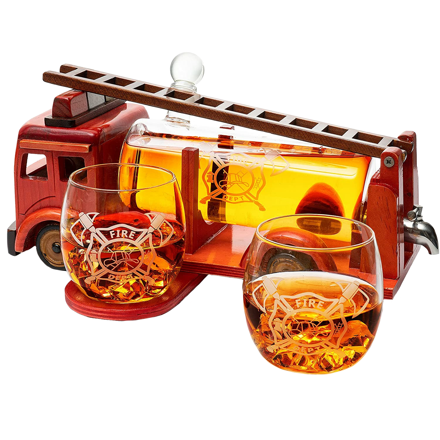 Firetruck Whiskey Decanter with Two 12 oz Glasses Gift Firefighter Gifts, Fireman, Firetruck Figurine, Police Gifts, Fire Department Gifts, Gifts for Firefighters! 600ml 13