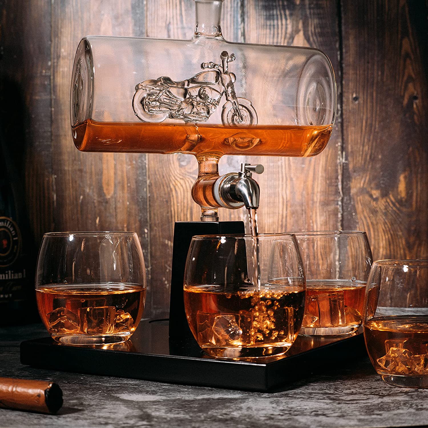Motorcycle Decanter Whiskey & Wine Decanter Set 1100ml by The Wine Savant with 4 Whiskey Glasses, Motorcycle Gifts, Harley Davidson Motorbike Gifts, Drink Dispenser for Wine, Scotch, Bourbon 19"H 8"W-2