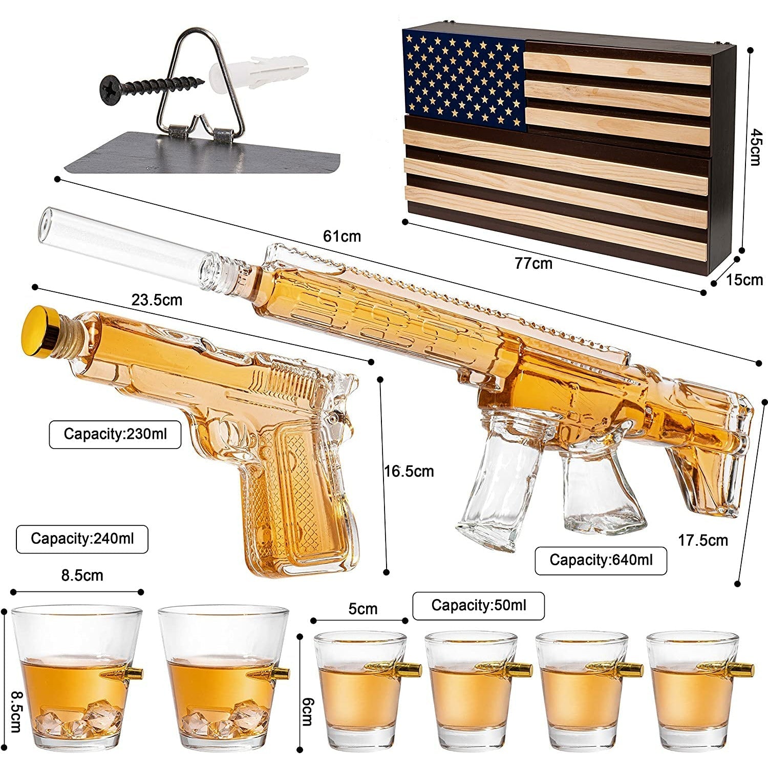 Pistol & AR15 Whiskey Decanter Set of 2 on Hidden Storage American Flag Wall Rack by The Wine Savant with 4 Bullet Shot Glasses & 2 Bullet Whiskey Glasses - Veteran Gifts, Military Gift, Home Bar Gift-6