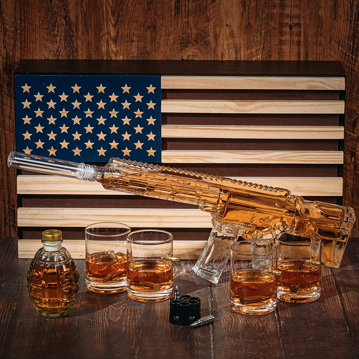 AR15 Whiskey Gun Decanter Flag Set - 1000ml Rifle & Pistol Set - Hanging Storage American Flag Gift Box & Bullet Glasses & Shot Glass, Great Gift for Army, Navy, Marines, Veterans & Gun Enthusiasts-1
