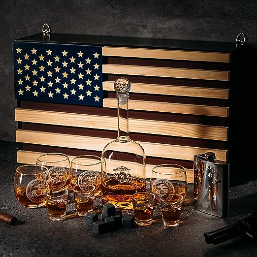 Marine Big Box Wall Decor Murphy with Decanter, 4 whiskey glasses, 4 shot glasses, marine flask, marine gifts-1