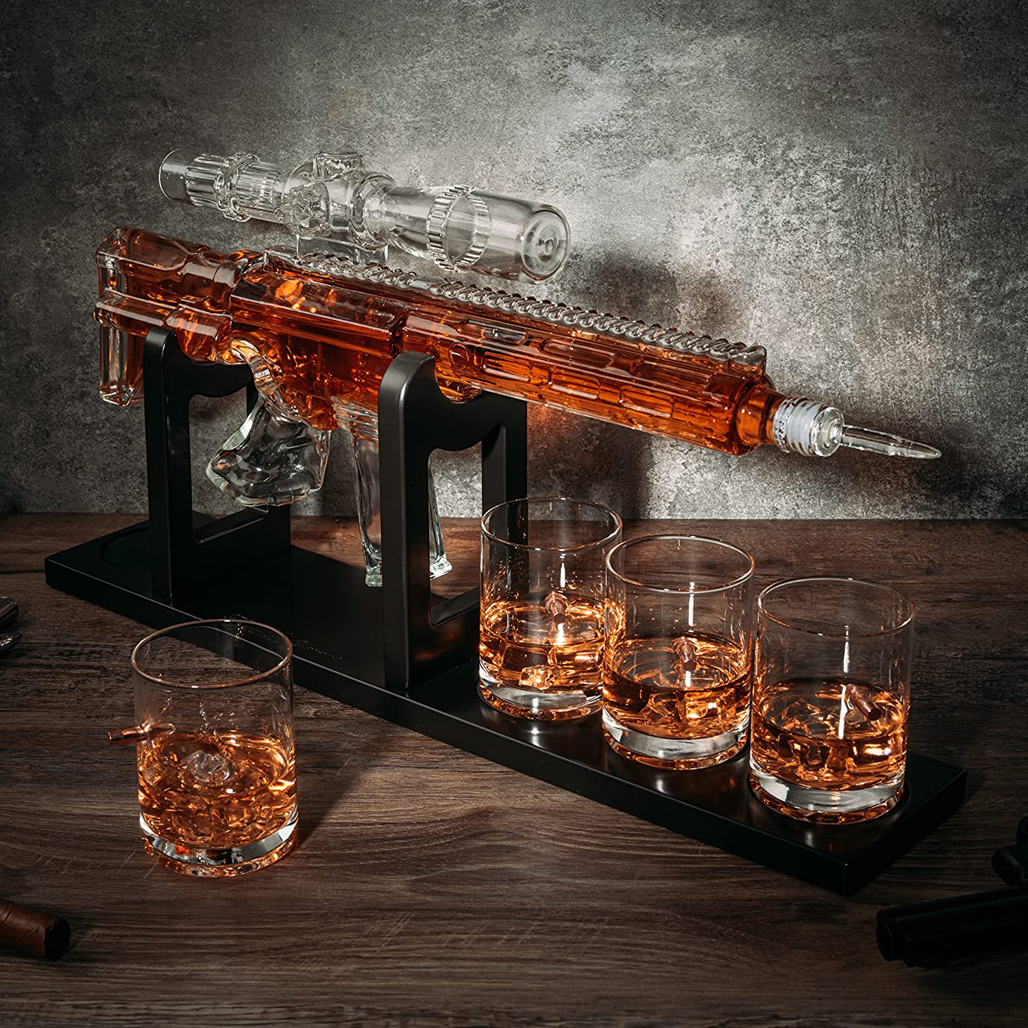 AR15 Whiskey Decanter Set - Limited Edition with Silencer Stopper - 640ml & 4 310 mL Bullet Glasses - Unique Gift - Drinking Party Accessory, Handmade Sniper Gun Liquor Decanter, Tik Tok Gun Decanter-3
