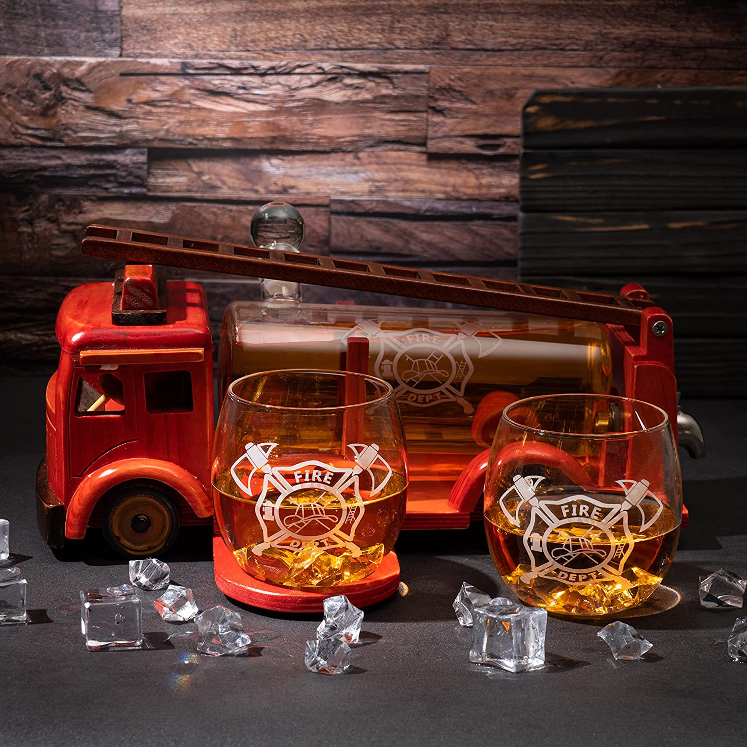 Firetruck Whiskey Decanter with Two 12 oz Glasses Gift Firefighter Gifts, Fireman, Firetruck Figurine, Police Gifts, Fire Department Gifts, Gifts for Firefighters! 600ml 13" L 6" H Gifts for Dad-2