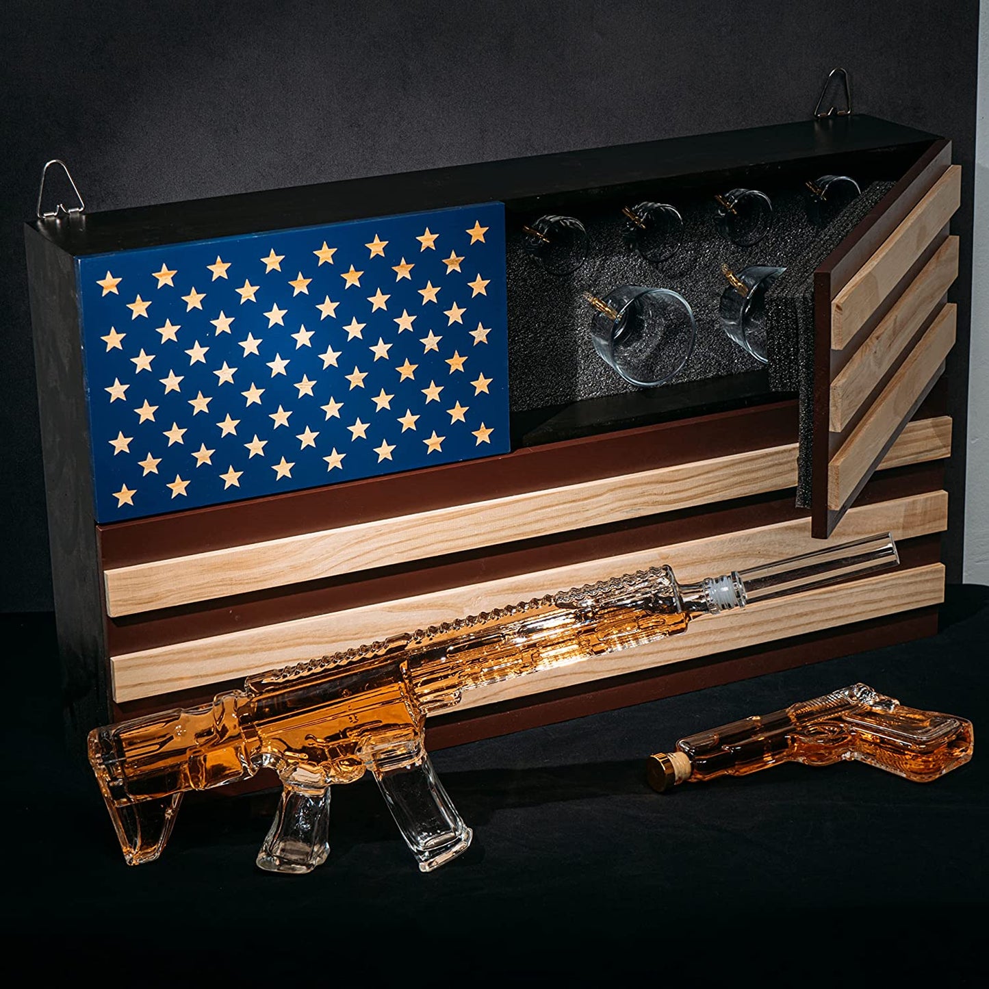 Pistol & AR15 Whiskey Decanter Set of 2 on Hidden Storage American Flag Wall Rack by The Wine Savant with 4 Bullet Shot Glasses & 2 Bullet Whiskey Glasses - Veteran Gifts, Military Gift, Home Bar Gift-5