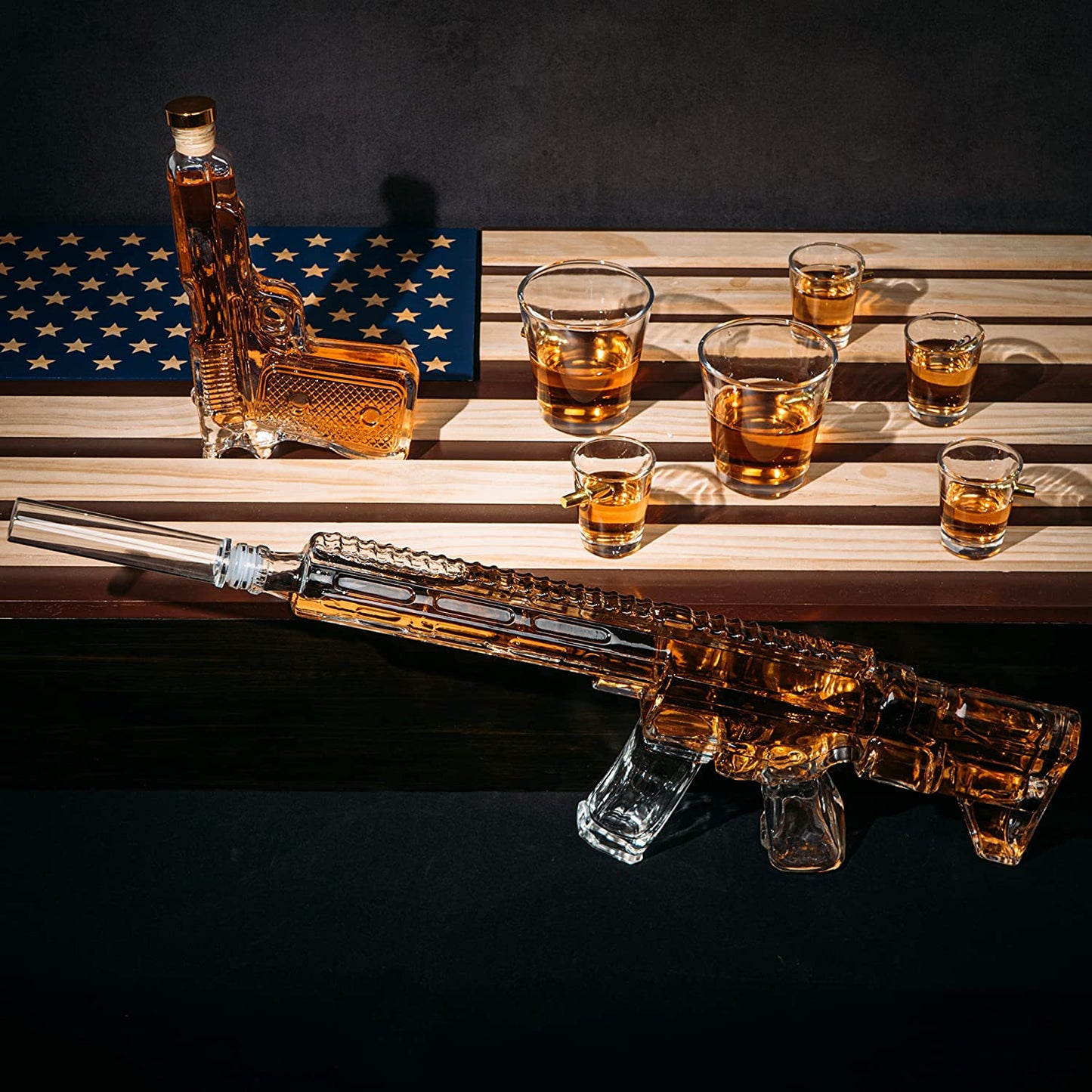 Pistol & AR15 Whiskey Decanter Set of 2 on Hidden Storage American Flag Wall Rack by The Wine Savant with 4 Bullet Shot Glasses & 2 Bullet Whiskey Glasses - Veteran Gifts, Military Gift, Home Bar Gift-4