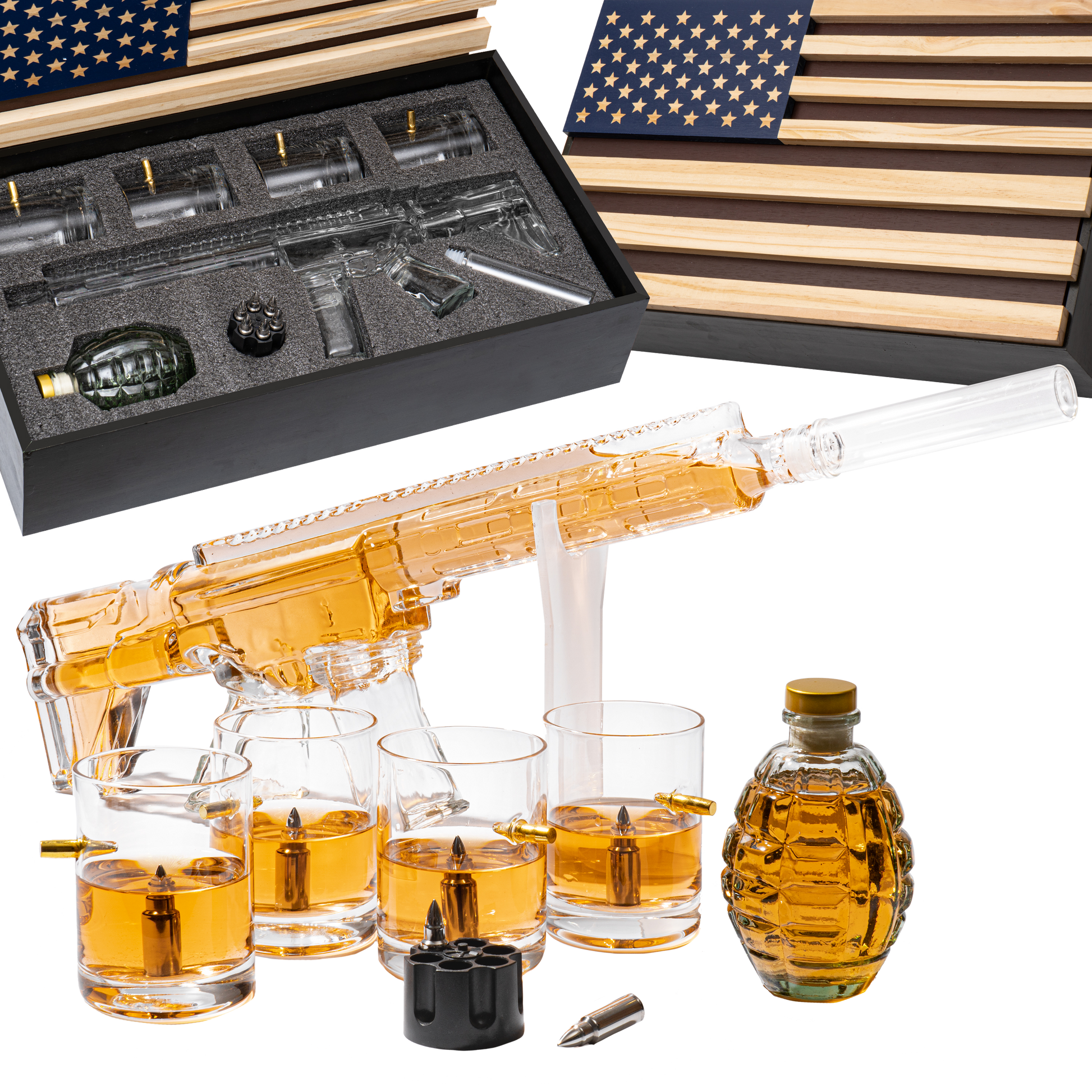 AR15 Whiskey Gun Decanter Flag Set - 1000ml Rifle & Pistol Set - Hanging Storage American Flag Gift Box & Bullet Glasses & Shot Glass, Great Gift for Army, Navy, Marines, Veterans & Gun Enthusiasts-0