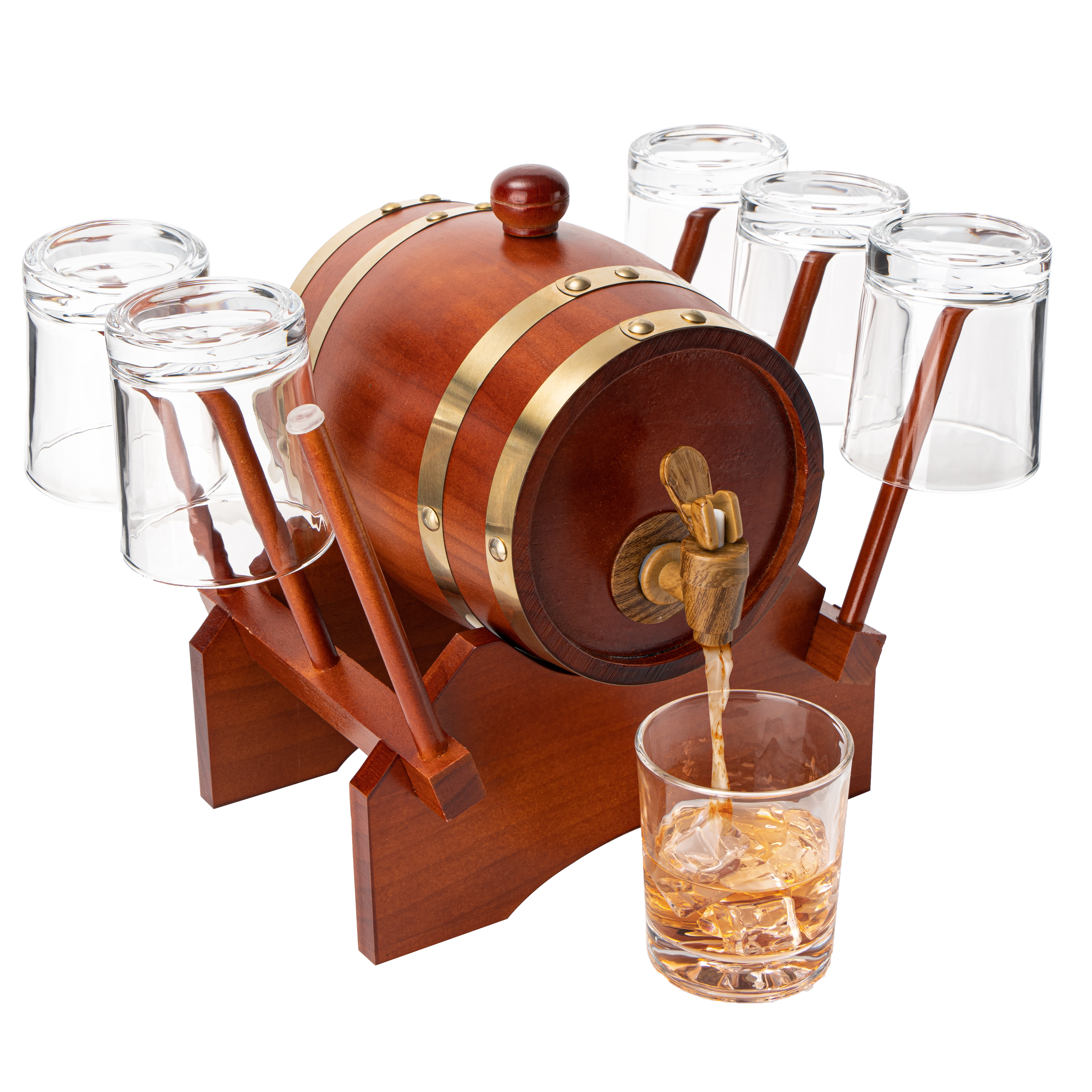 Barrel Decanter with 6 Whiskey Glasses by The Wine Savant - 1000 mL Mahogany Wood Old Fashioned Classic Whiskey Decanter Set, Gifts for Him, Father's Day, Gift Ideas-0