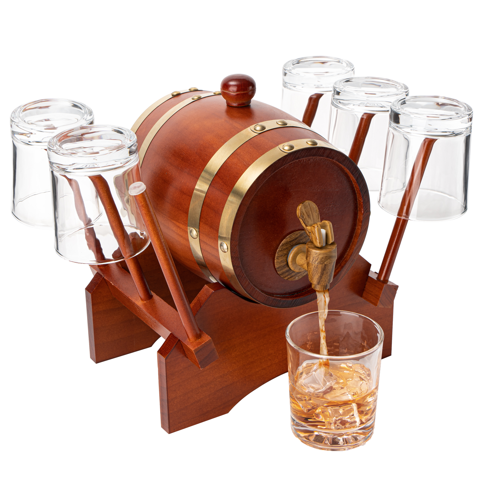 Barrel Decanter with 6 Whiskey Glasses by The Wine Savant - 1000 mL Mahogany Wood Old Fashioned Classic Whiskey Decanter Set, Gifts for Him, Father's Day, Gift Ideas-0