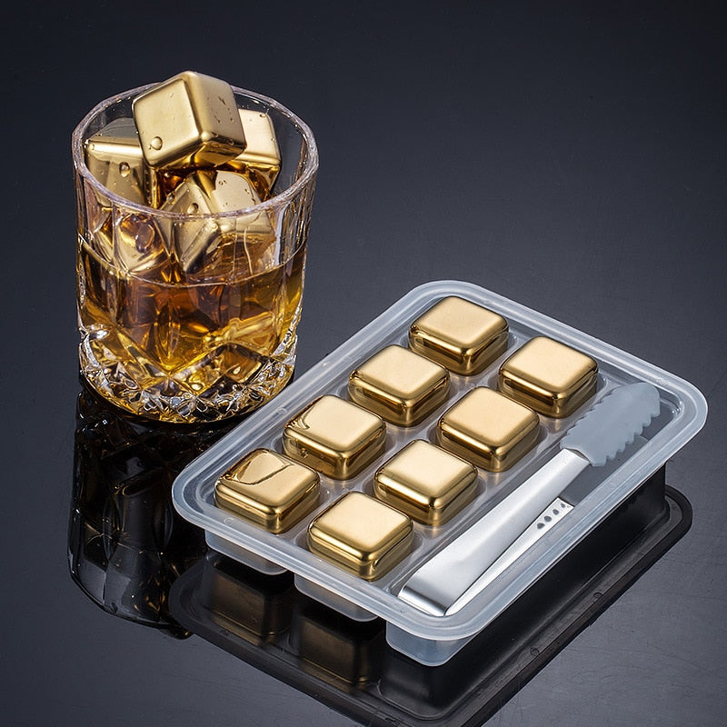 Stainless Steel Gold Ice Cube Set Beer Red Wine Coolers Reusable Chilling Stones Vodka Whiskey Keep Drinks Cold Bar Bucket Tools - Free Shipping!-0