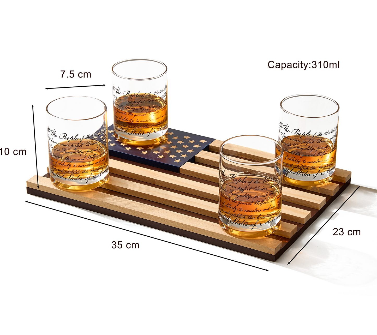 Whiskey Glasses – United States Constitution - Wood American Flag Tray & Set of 4 We The People 10oz America Glassware, Old Fashioned Rocks Glass, Freedom Of Speech Law Gift Set US Patriotic-4