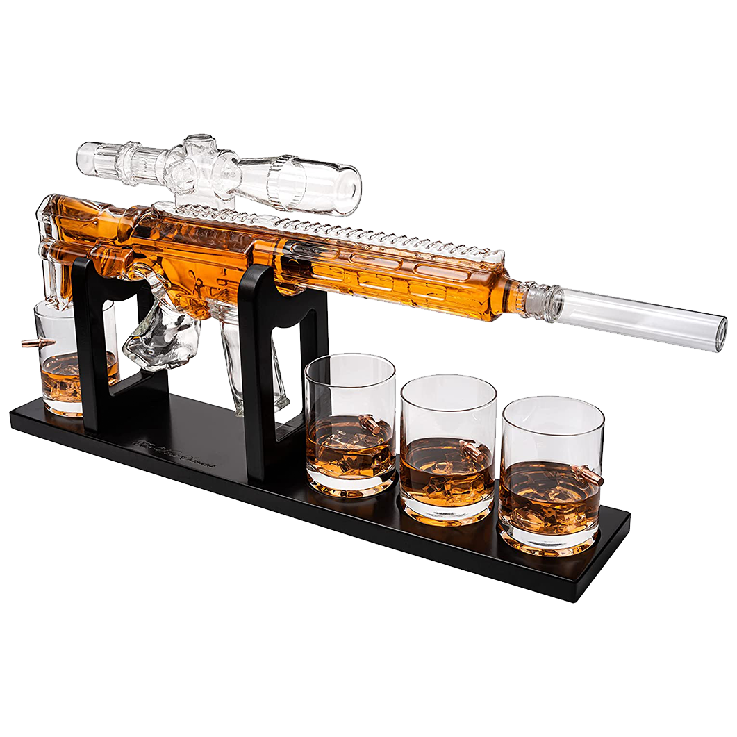 AR15 Whiskey Decanter Set - Limited Edition with Silencer Stopper - 640ml & 4 310 mL Bullet Glasses - Unique Gift - Drinking Party Accessory, Handmade Sniper Gun Liquor Decanter, Tik Tok Gun Decanter-0