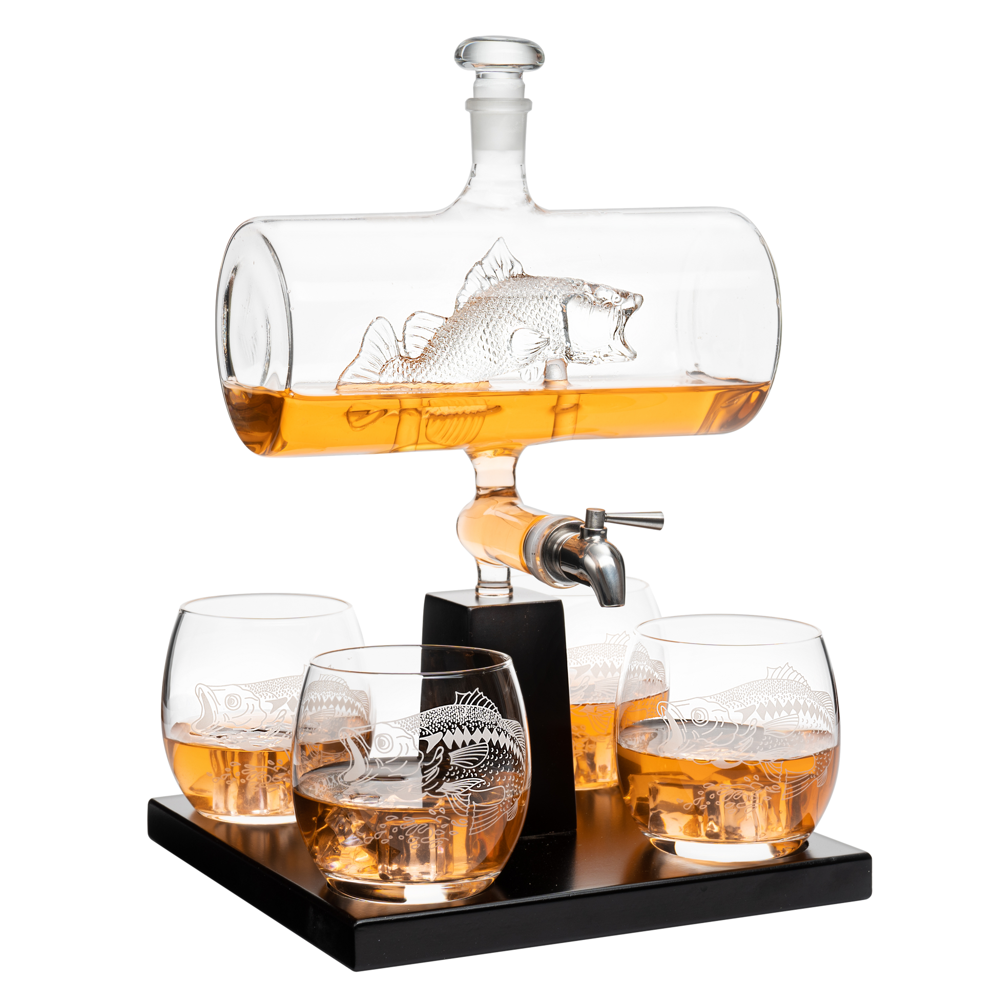 Bass Fish Wine & Whiskey Decanter Set 1100ml by The Wine Savant with 4 Bass Whiskey Glasses, Fishing Gifts, Fisherman Gifts, Boating Gifts, Drink Dispenser Scotch, Bourbon,Gifts for Dad-0
