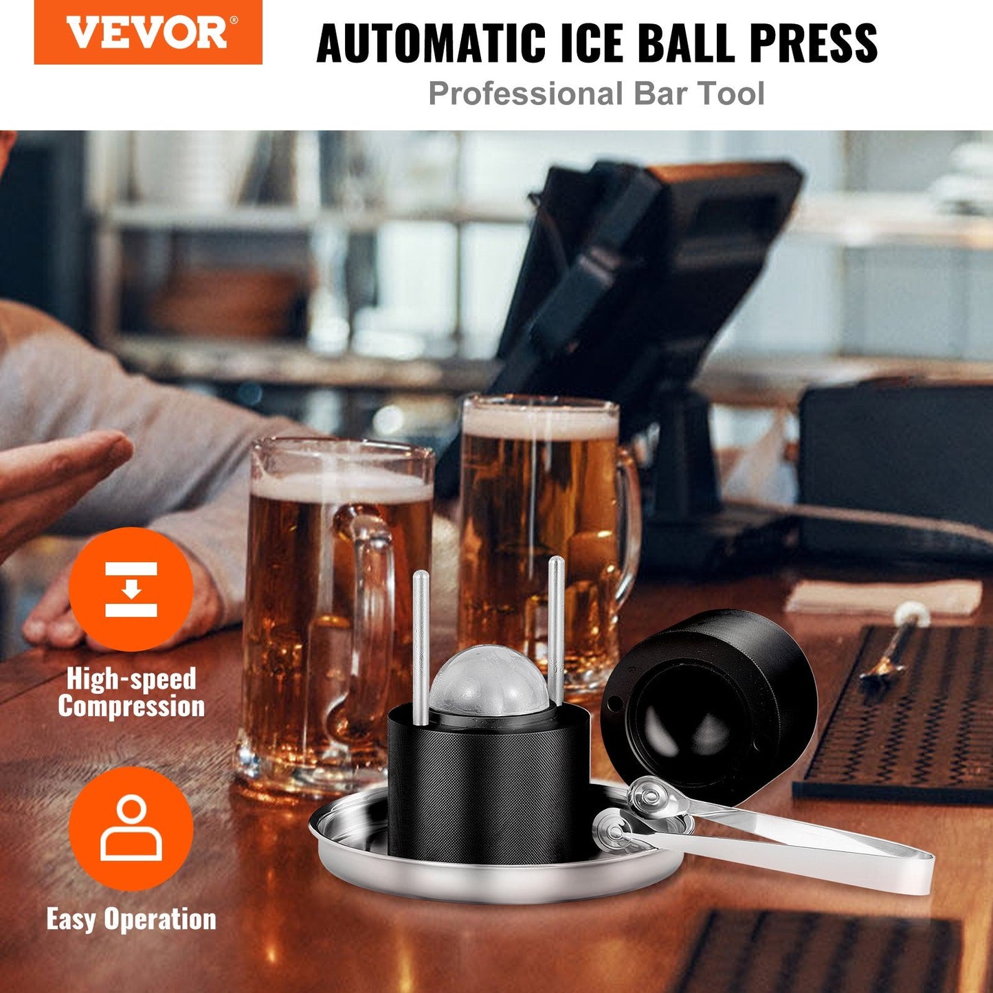 VEVOR Ice Ball Press, 2.4" Ice Ball Maker, Aircraft Al Alloy Ice Ball Press Kit for 60mm Ice Sphere, Ice Press with Tong and Drip Tray, for Whiskey, Cocktail, Bourbon, Scot on Party & Holiday, Black-0