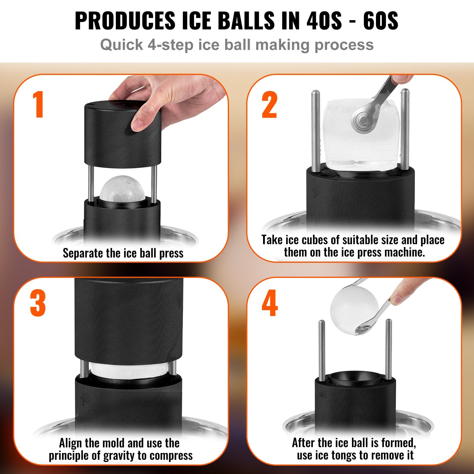VEVOR Ice Ball Press, 2.4" Ice Ball Maker, Aircraft Al Alloy Ice Ball Press Kit for 60mm Ice Sphere, Ice Press with Tong and Drip Tray, for Whiskey, Cocktail, Bourbon, Scot on Party & Holiday, Black-1