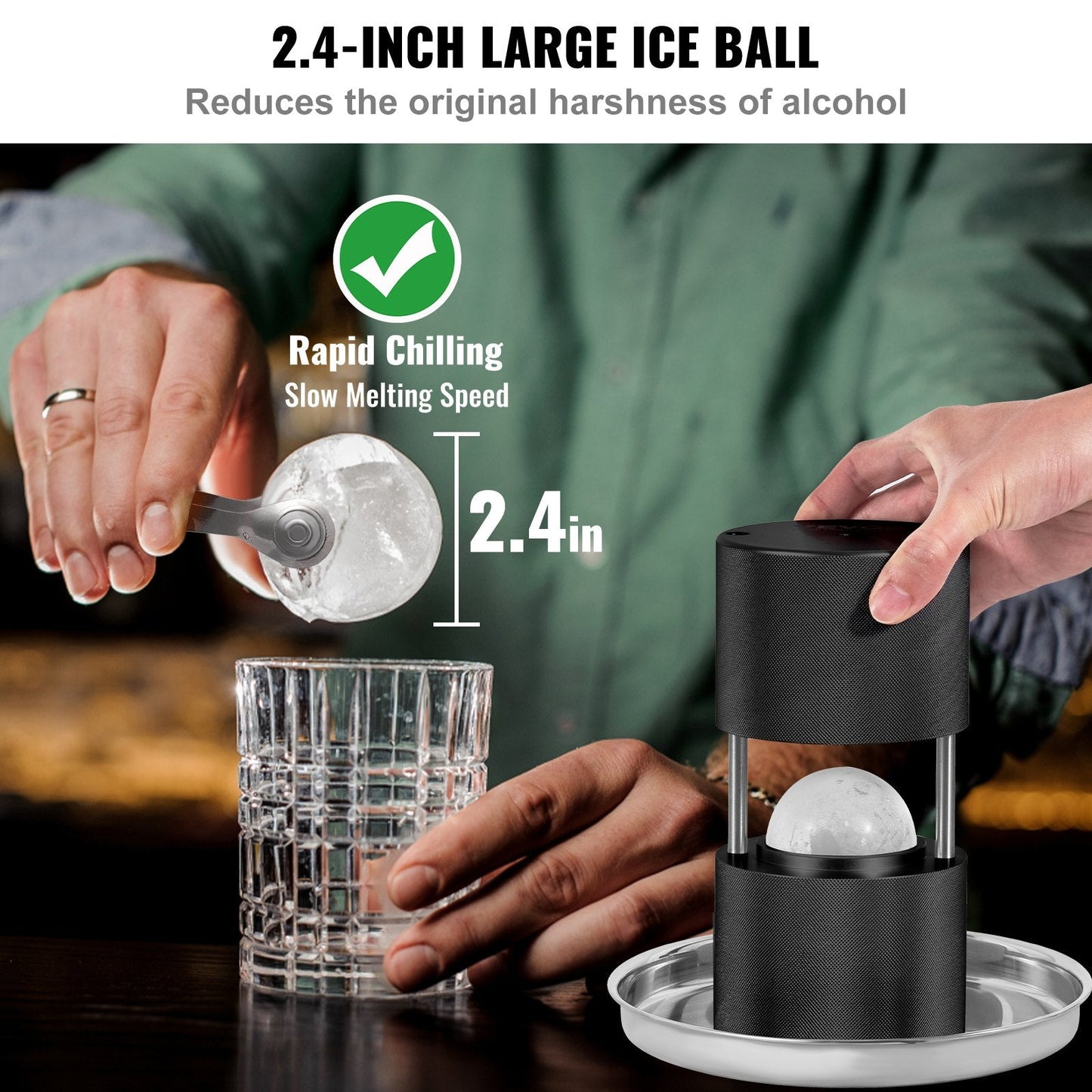 VEVOR Ice Ball Press, 2.4" Ice Ball Maker, Aircraft Al Alloy Ice Ball Press Kit for 60mm Ice Sphere, Ice Press with Tong and Drip Tray, for Whiskey, Cocktail, Bourbon, Scot on Party & Holiday, Black-2