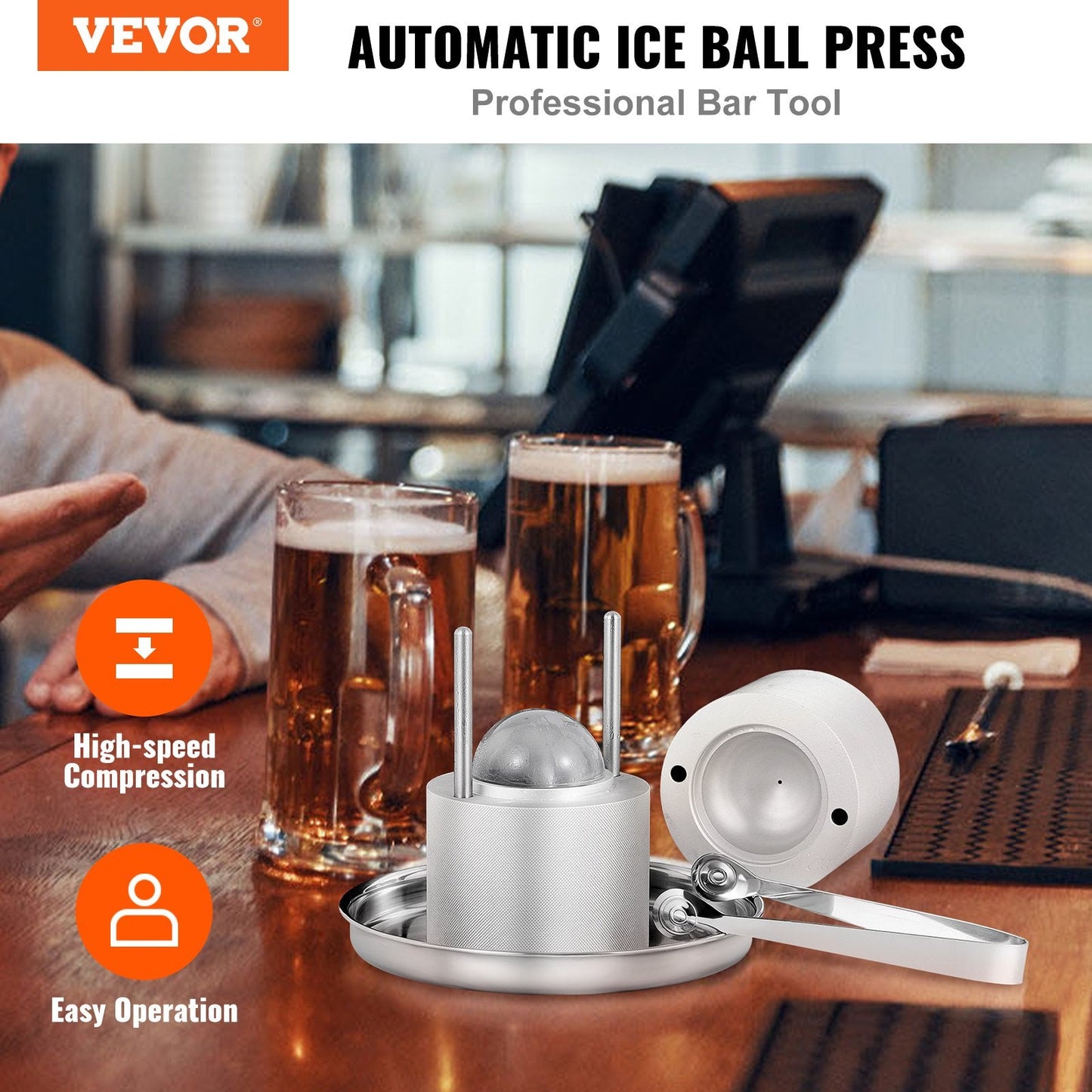 VEVOR Ice Ball Press, 2.4" Ice Ball Maker, Aircraft Al Alloy Ice Ball Press Kit for 60mm Ice Sphere, Ice Press with Tong and Drip Tray, for Whiskey, Cocktail, Bourbon, Scot on Party & Holiday, Silver-0