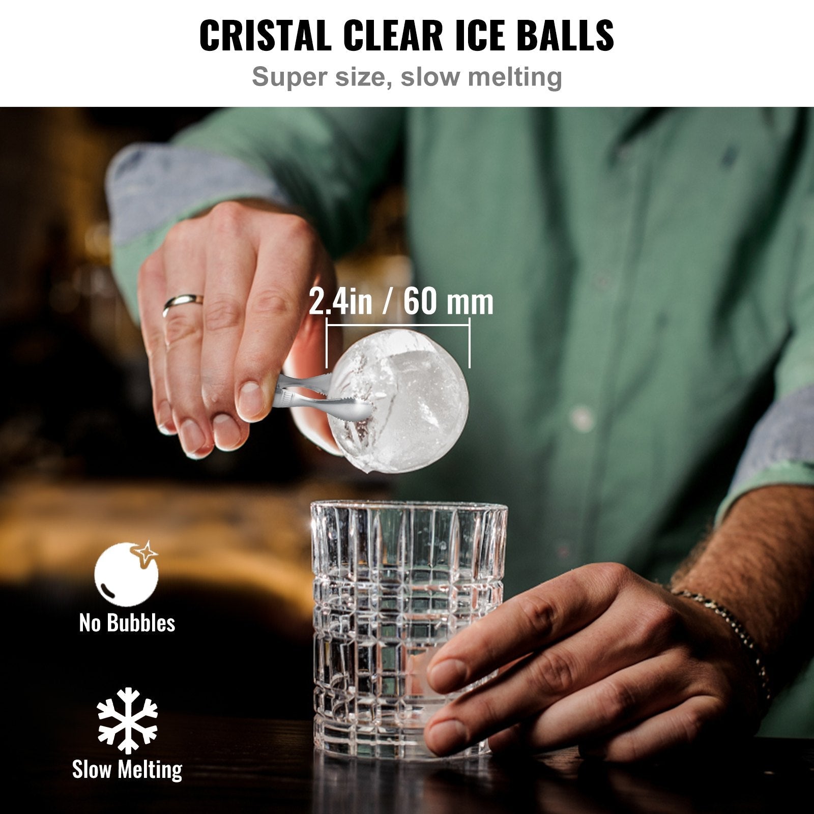 VEVOR Ice Ball Maker, Crystal Clear Ice Ball Maker 2.36inch Ice Sphere Maker with Storage Bag and Ice Clamp, Round Clear Ice Cube 2-Cavity Ice Press Maker for Whiskey Scotch Cocktail Brandy-1