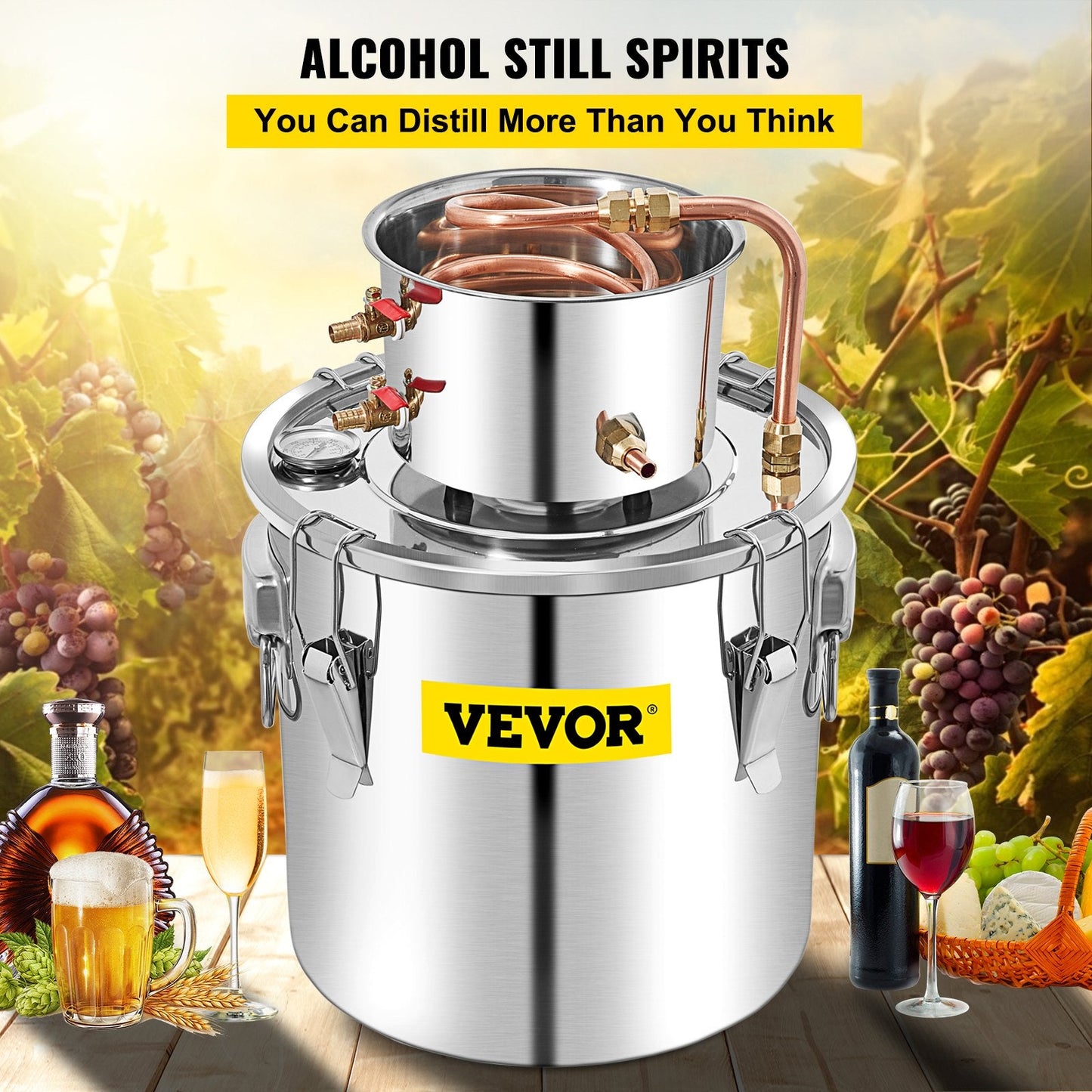 VEVOR Alcohol Still, 50L Distillery Kit w/Condenser & Pump, 13.2Gal Alcohol Still w/Copper Tube, Whiskey Distilling Kit w/Build-in Thermometer, Whiskey Making Kit for DIY Alcohol, Stainless Steel-0