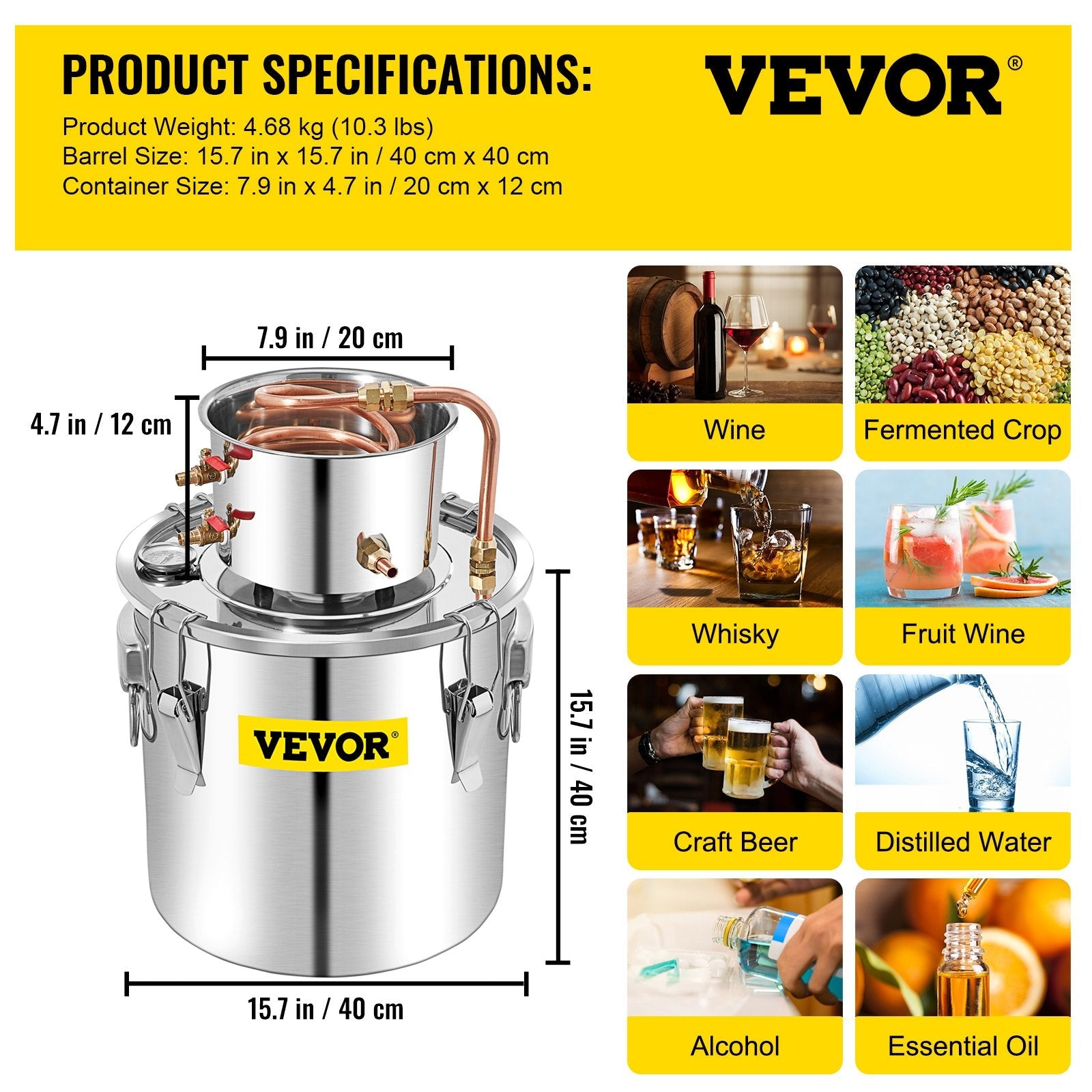 VEVOR Alcohol Still, 50L Distillery Kit w/Condenser & Pump, 13.2Gal Alcohol Still w/Copper Tube, Whiskey Distilling Kit w/Build-in Thermometer, Whiskey Making Kit for DIY Alcohol, Stainless Steel-5